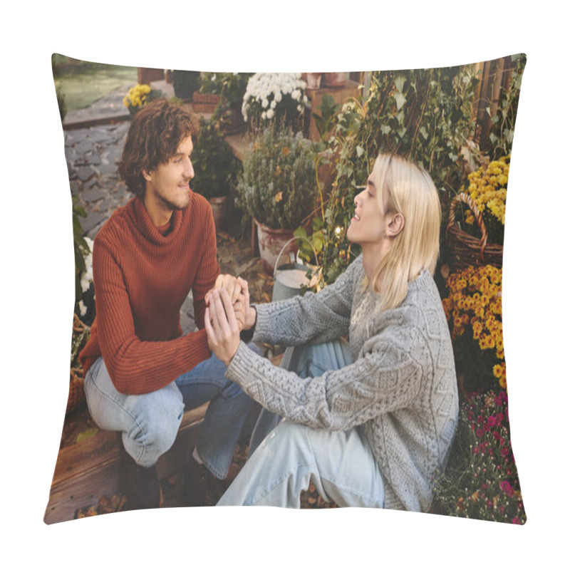 Personality  In A Lovely Garden Filled With Blooming Flowers And Greenery, Two Young Partners Enjoy A Heartfelt Connection As They Hold Hands. Pillow Covers