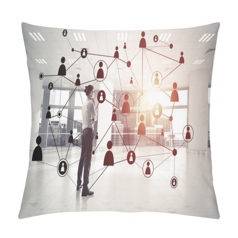 Personality  Elegant Businessman In 3D Office Interior And Social Connection Concept. Mixed Media Pillow Covers