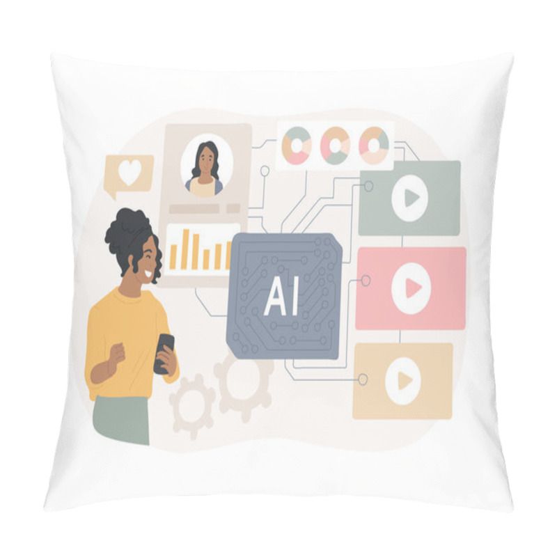 Personality  AI-Enhanced Content Recommendation Abstract Concept Vector Illustration. Entertainment. Movies, Music, And Games Based On Guest Preferences And Viewing History. AI Technology. Abstract Metaphor. Pillow Covers