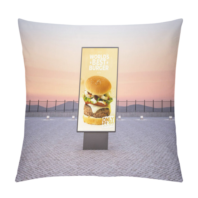 Personality  Vertical Street Burger Poster Billboard On The City At Evening 3d Rendering Mockup Pillow Covers