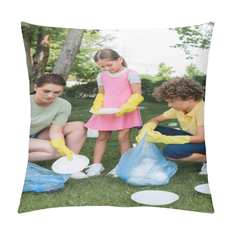 Personality  Mother And Children Picking Up Trash On Lawn  Pillow Covers