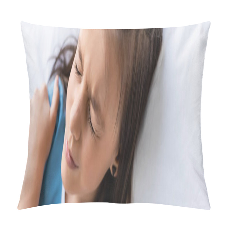 Personality  High Angle View Of Ill Child Touching Shoulder While Lying On Bed In Hospital Ward, Banner  Pillow Covers