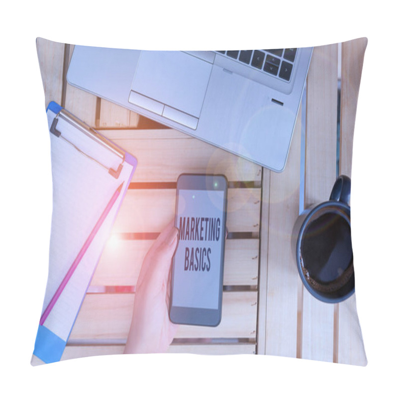 Personality  Text Sign Showing Marketing Basics. Conceptual Photo Activities A Company Takes To Promote And Sell Products Woman Computer Smartphone Drink Mug Office Supplies Technological Devices. Pillow Covers