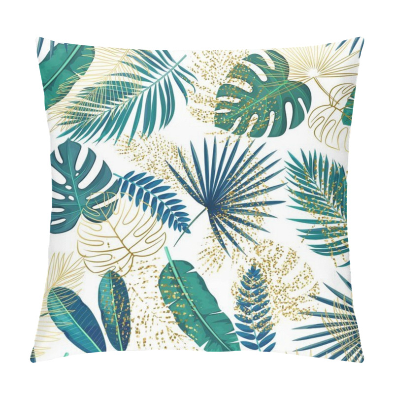 Personality  Green And Golden Tropical Leaves Seamless Pattern On White Background, Vector Illustration Pillow Covers