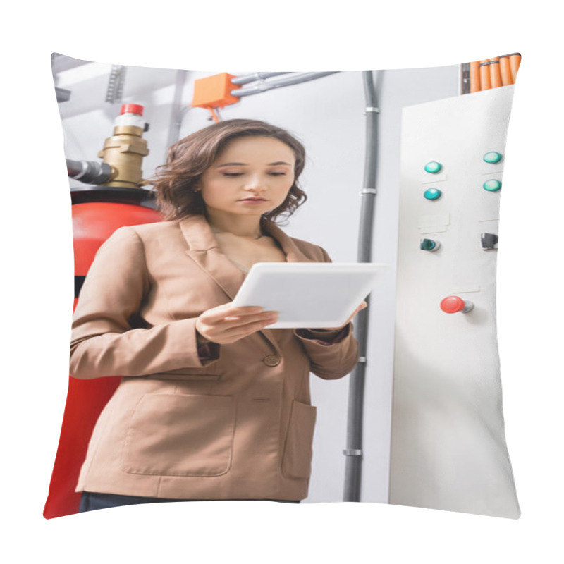 Personality  Engineer Using Digital Tablet Near Switchboard In Data Center Pillow Covers