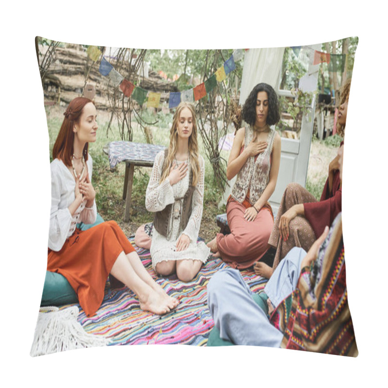 Personality  Multiethnic And Stylish Women In Boho Styled Clothes Meditating Together In Retreat Center Pillow Covers