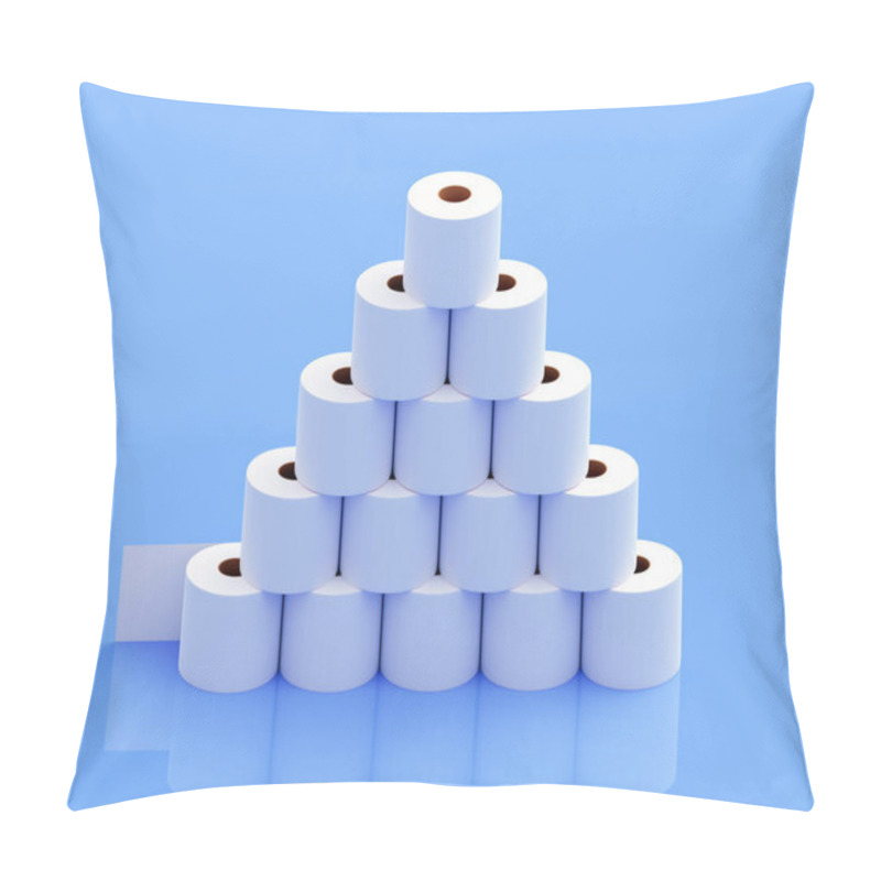 Personality  A Pyramid Of Toilet Paper On A Blue Background. 3d Illustration Pillow Covers