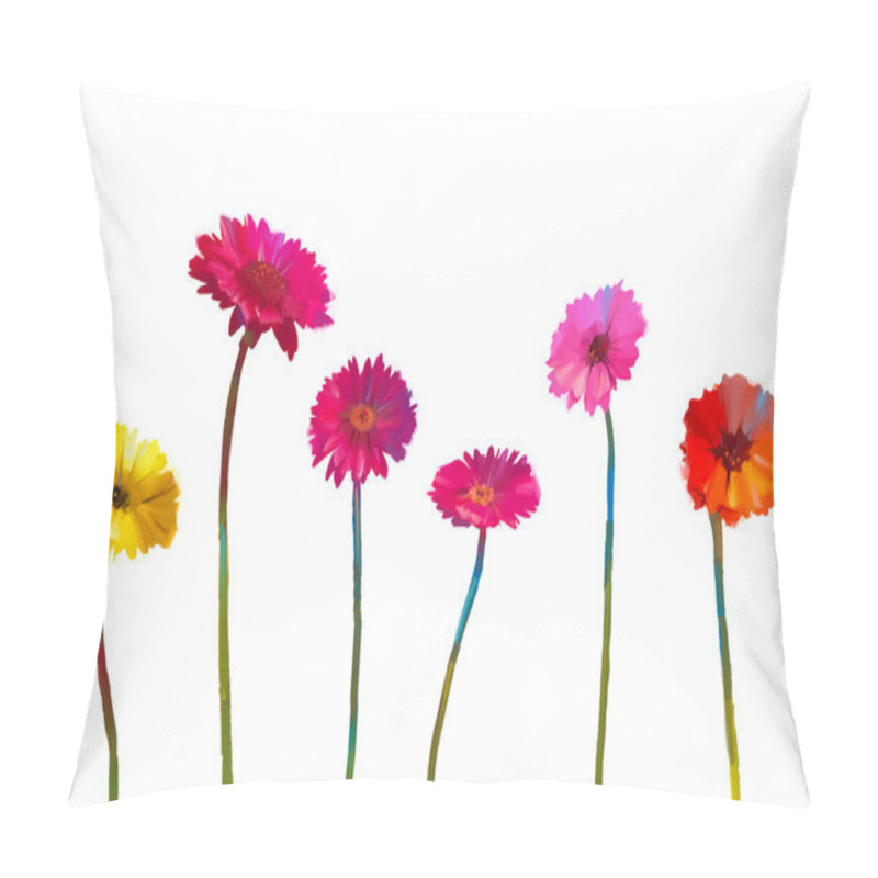 Personality  Still Life Of Yellow And Red Gerbera Flowers .Oil Painting Of Spring Flowers . Hand Painted Floral Impressionist Style. Isolate Flowers On White Background Pillow Covers