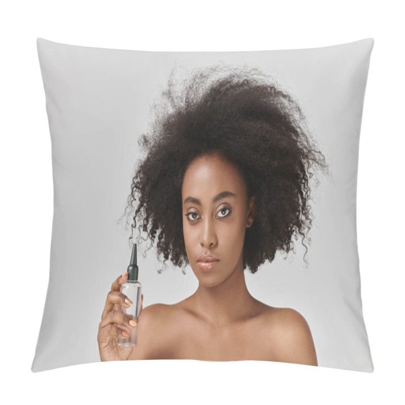 Personality  A Beautiful Young African American Woman With Curly Hair Holding A Bottle Of Hair Product, Promoting Skin Care Concept And Self-love. Pillow Covers