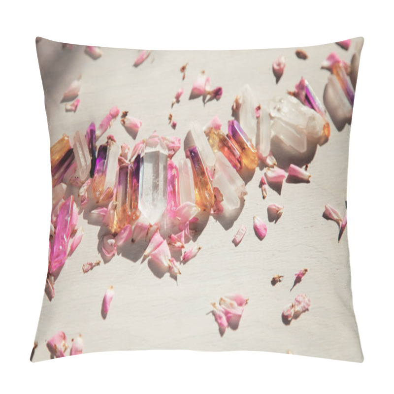 Personality  Colorful Quartz Crystals With Pink Rose Leaves On Wooden Structure, Flat Lay Background  Pillow Covers