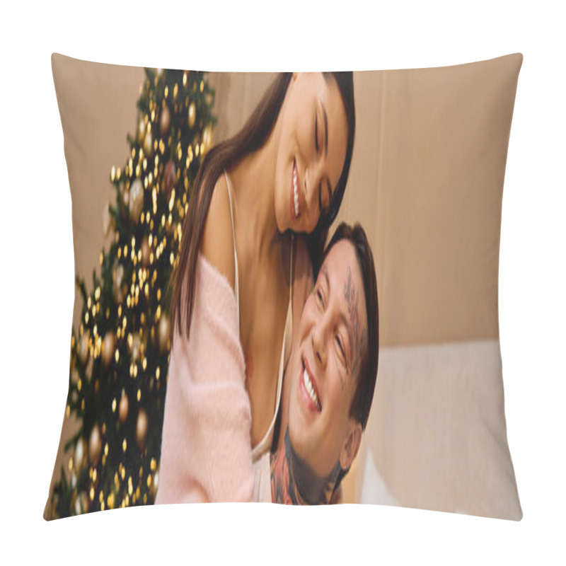 Personality  Joyful Partners Share Laughter And Affection Near A Beautifully Decorated Christmas Tree. Pillow Covers