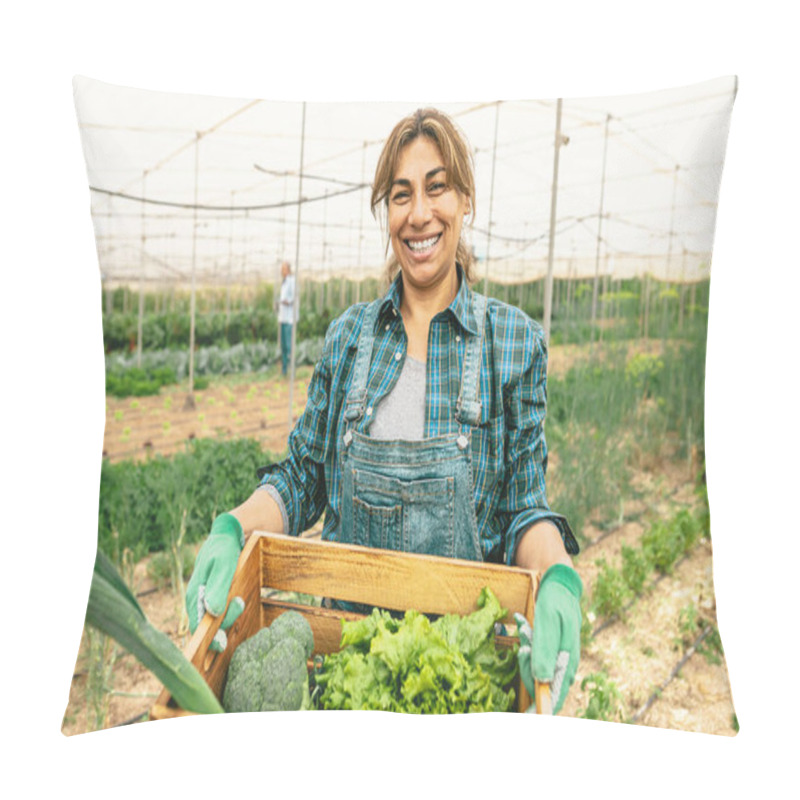 Personality  Happy Latin Farmer Working Inside Agricultural Greenhouse - Farm People Lifestyle Concept Pillow Covers