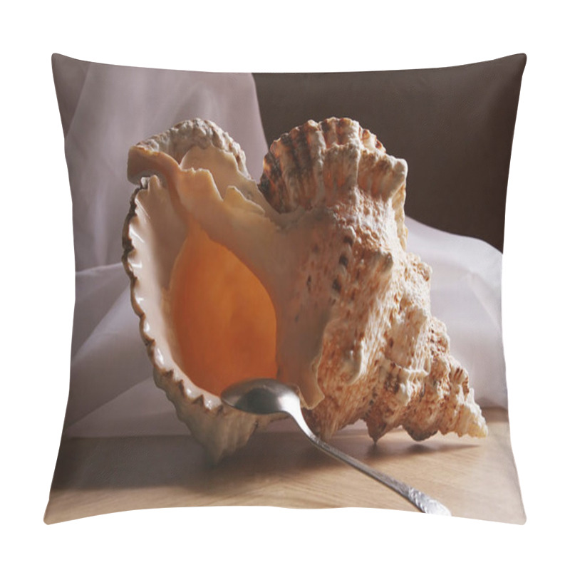 Personality  Shell On The Table. Large Ocean Shell - Conch Shell, On A White Airy Fabric Background And A Teaspoon Pillow Covers