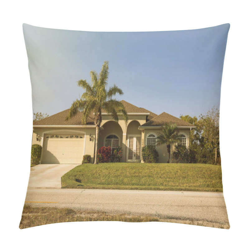 Personality  South Florida Single Family House In Sunny Day. Typical Southwest Florida Concrete Block And Stucco Home In The Countryside With Palm Trees, Tropical Plants And Flowers, Grass Lawn And Pine Trees. Flo Pillow Covers