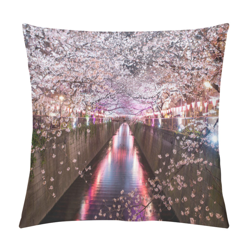 Personality  Cherry Blossom Lined Meguro Canal At Night In Tokyo, Japan. Springtime In April In Tokyo, Japan. Pillow Covers