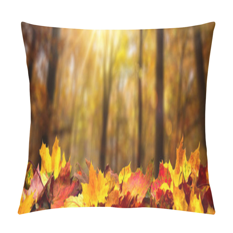 Personality  Closeup Of Autumn Leaves On The Ground In A Forest, Defocused Trees With Golden Foliage And Beautiful Rays Of Sunlight In The Background Pillow Covers