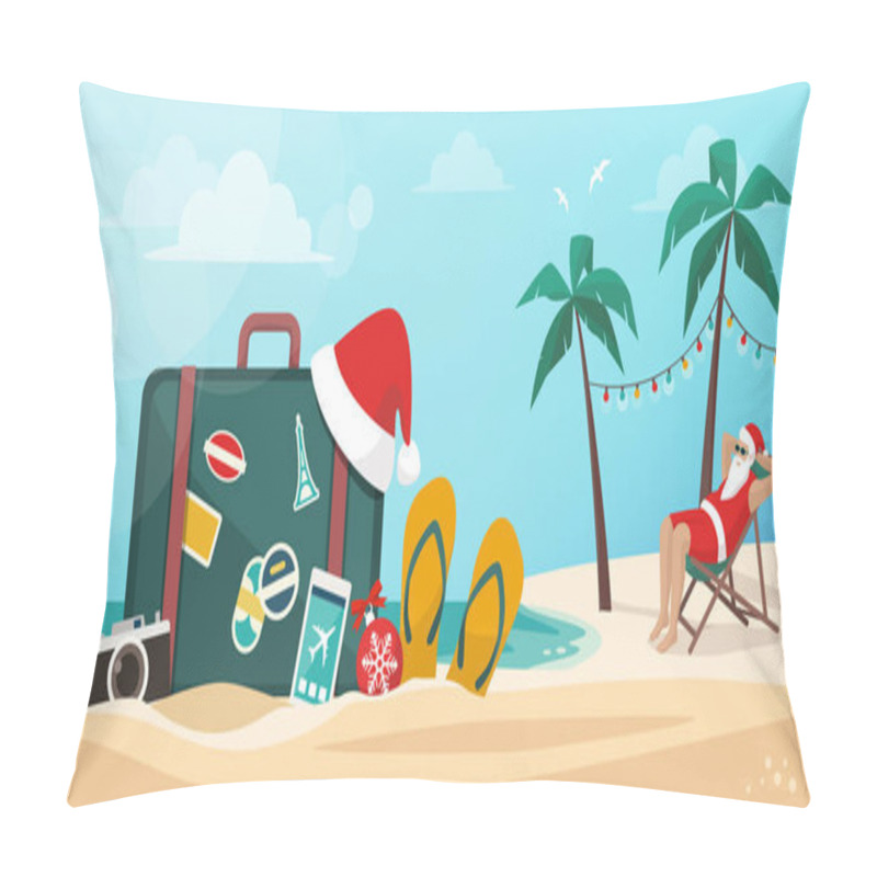 Personality  Santa Claus Having A Vacation On The Beach: Christmas Vacation, Tourism And Travel Concept Pillow Covers