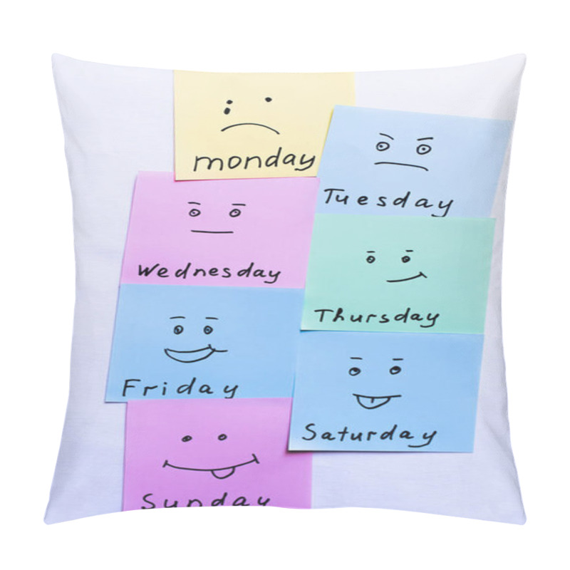 Personality  Top View Of Paper Notes With Day Names And Smileys With Different Emotions On White Background Pillow Covers