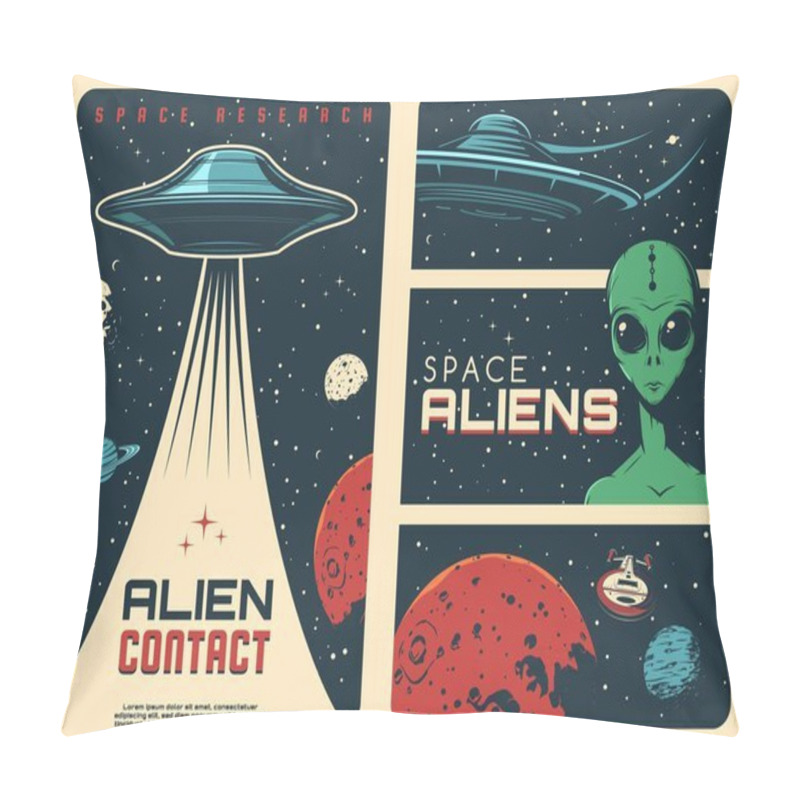 Personality  Alien Spaceship, Extraterrestrial UFO Life Retro Posters. Humanoid Alien With Green Skin And Big Eyes, Flying Saucer And Fantasy Spaceship In Outer Space, Mars And Saturn Planets, Moon Vector Pillow Covers