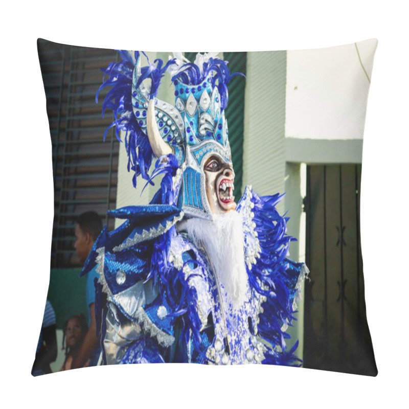 Personality  Concepcion De La Vega, DOMINICAN REPUBLIC - FEBRUARY 09, 2020: Man In Blue Shiny Masquerade Costume Pass By City Street At Dominican Carnival On February 9 In Concepcion De La Vega Pillow Covers