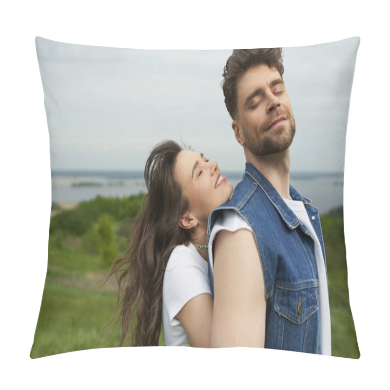 Personality  Cheerful Brunette Woman With Closed Eyes Standing Next To Stylish Bearded Boyfriend In Denim Vest And Spending Time Together With Landscape At Background, Love Story And Countryside Adventure Pillow Covers