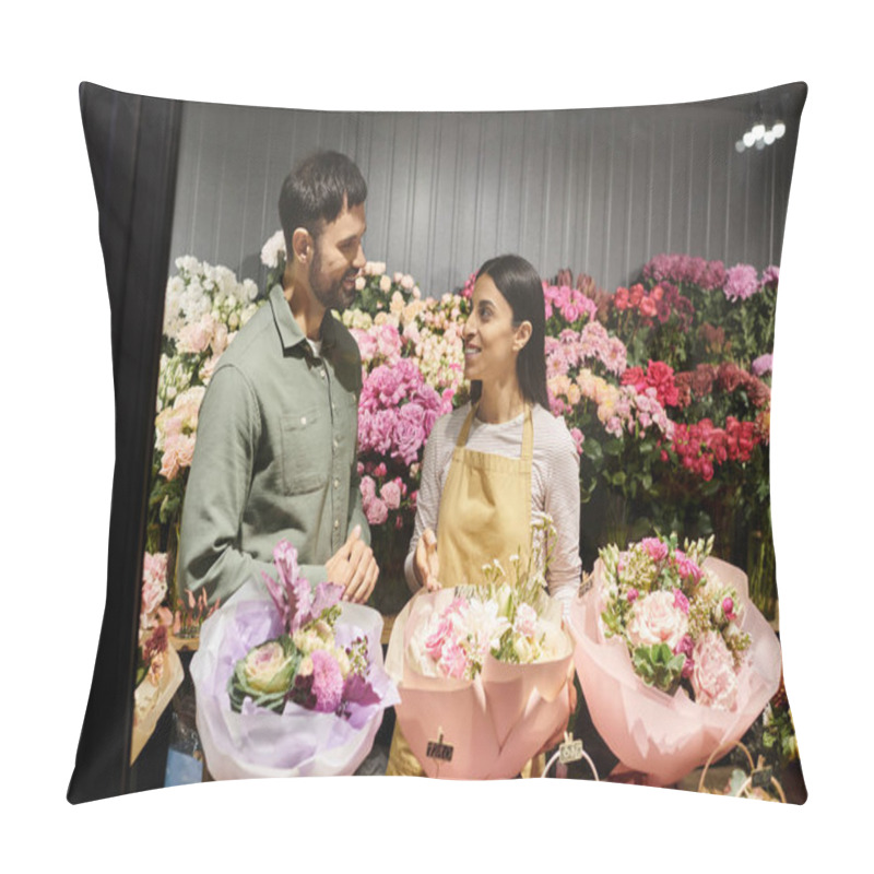 Personality  A Skilled Florist Engages With A Male Client, Showcasing Vibrant Floral Designs And Arrangements. Pillow Covers