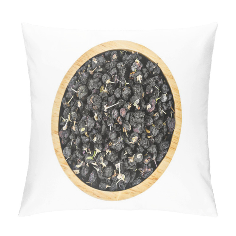 Personality  Dried Black Wolfberries Or Black Goji Berries In Wooden Bowl Isolated On White Background, Save Clipping Path. Pillow Covers