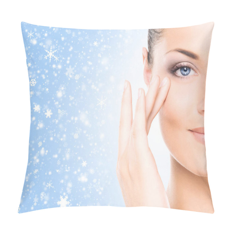 Personality  Winter Portrait Of Young And Beautiful Woman. Face Lifting, Cosmetics And Healthcare Concept. Pillow Covers