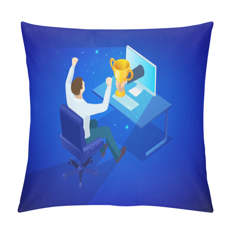 Personality  Isometric Online Award Goal Achievement, Reward From Computer Concept. Pillow Covers