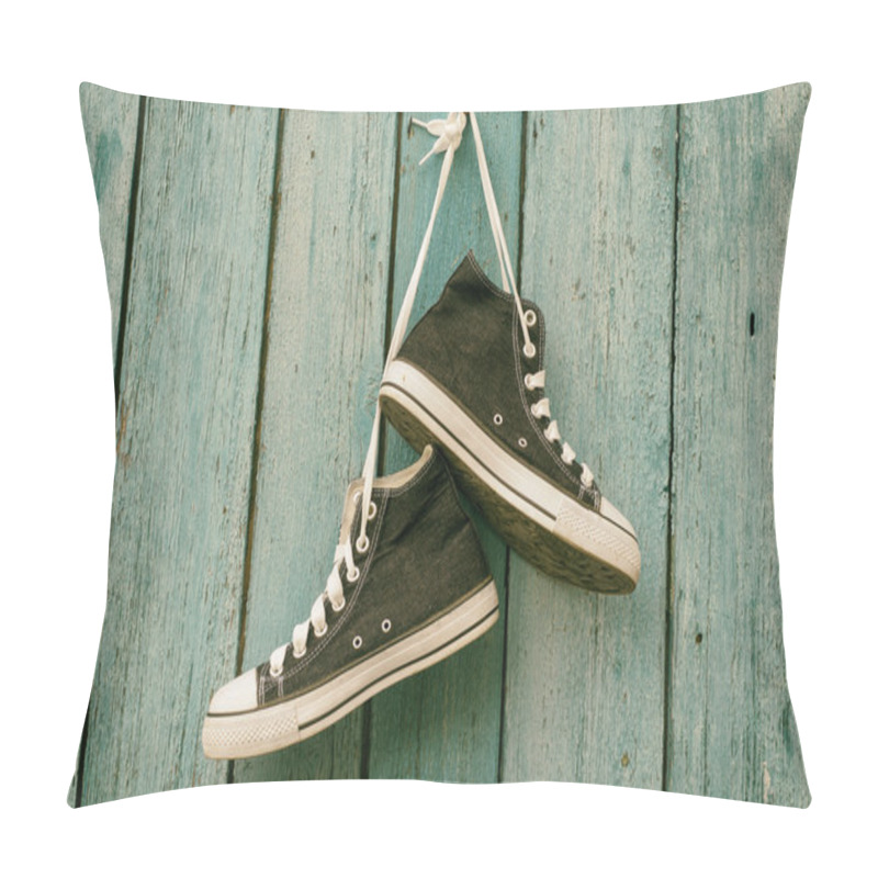 Personality  Blue Sneakers Hang On A Nail On A Blue Wooden Wall Pillow Covers