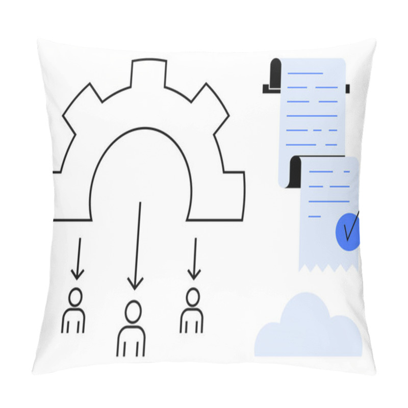 Personality  Black And White Gear Transfers Tasks To Three Individuals. Blue Checkmarked Paper Lists Confirm Task Completions. Ideal For Project Management, Workflow Automation, Task Assignments, Team Pillow Covers