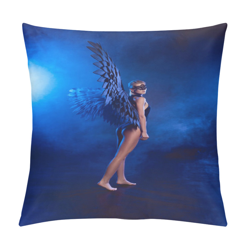 Personality  Beautiful Sexy Mysterious Woman In Lace Mask And Black Angel Wings Posing On Dark Blue Smoky Background Pillow Covers