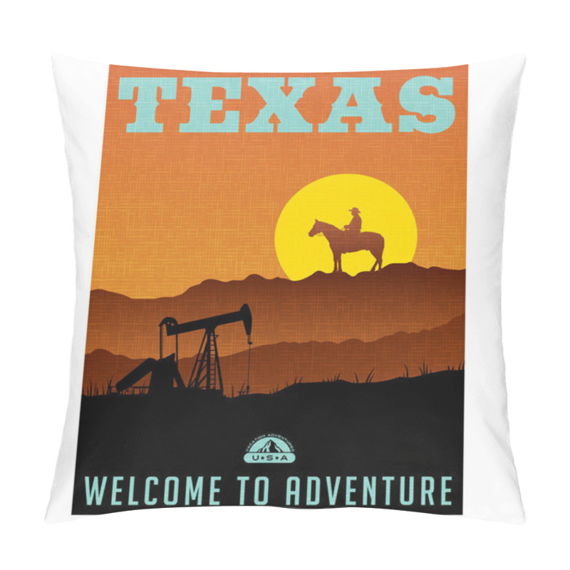 Personality  Illustrated Travel Poster Or Sticker For Texas With Oil Wells, Rock Ridge, Cowboy And Sunset Pillow Covers