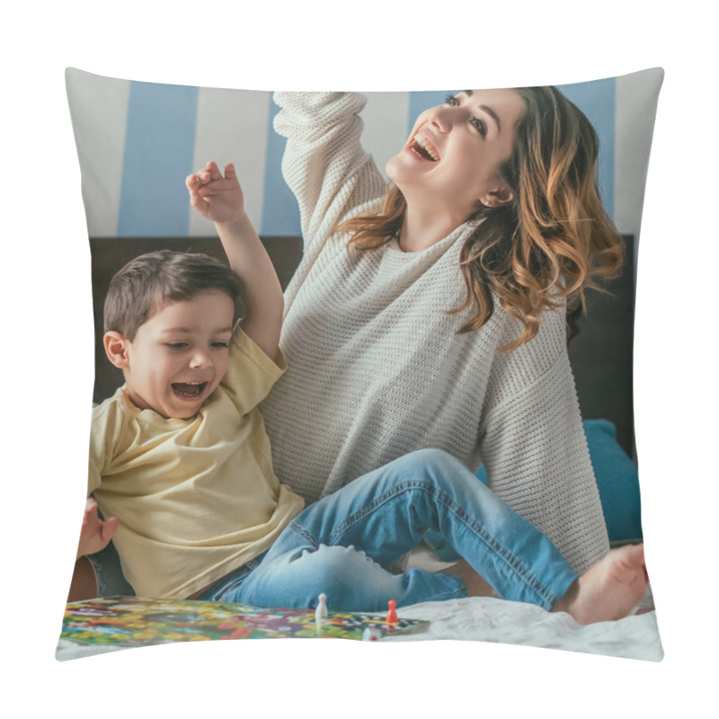 Personality  Happy, Excited Mother And Son Showing Winner Gestures While Playing Board Game On Bed Pillow Covers