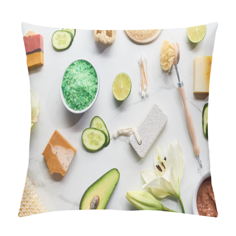 Personality  Top View Of Natural Beauty Products And Gadgets And Soap Pieces Near Fresh Flowers, Vegetables And Fruit On Marble Surface Pillow Covers