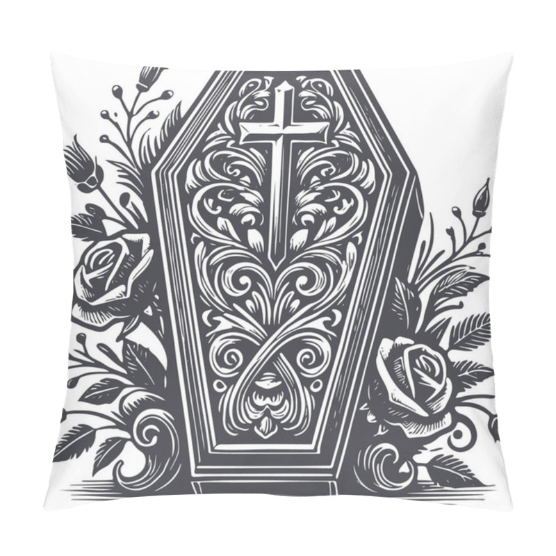 Personality  Ornate Coffin With Cross And Floral Motif In Detailed Engraving Style Pillow Covers