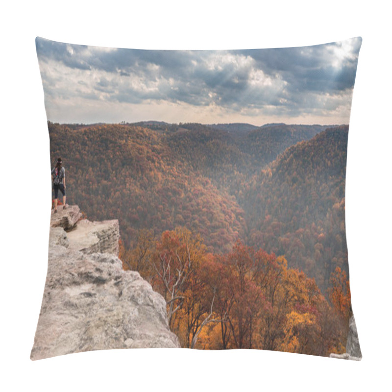 Personality  Female Hiker Overlooks Forest At Coopers Rock State Park WV Pillow Covers