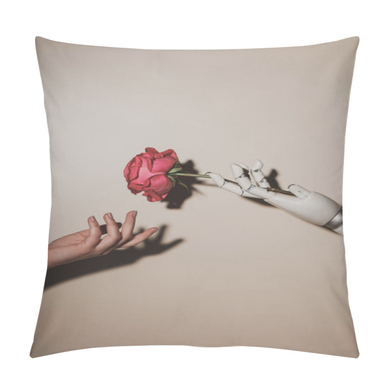 Personality  Partial View Of Woman And Robotic Hand Holding Red Rose Flower On Beige Background Pillow Covers