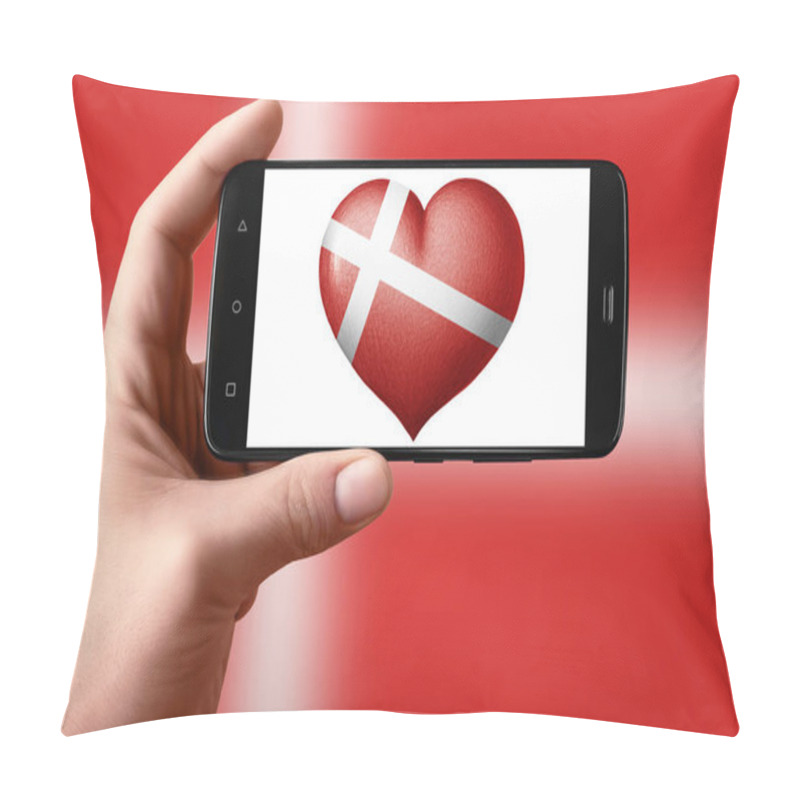 Personality  Denmark Flag In The Shape Of A Heart On The Phone Screen. Smartphone In Hand Shows A Flag Heart.  Pillow Covers