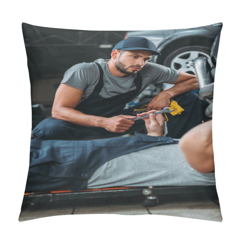 Personality  Professional Engineers Working With Tools In Auto Repair Shop Pillow Covers