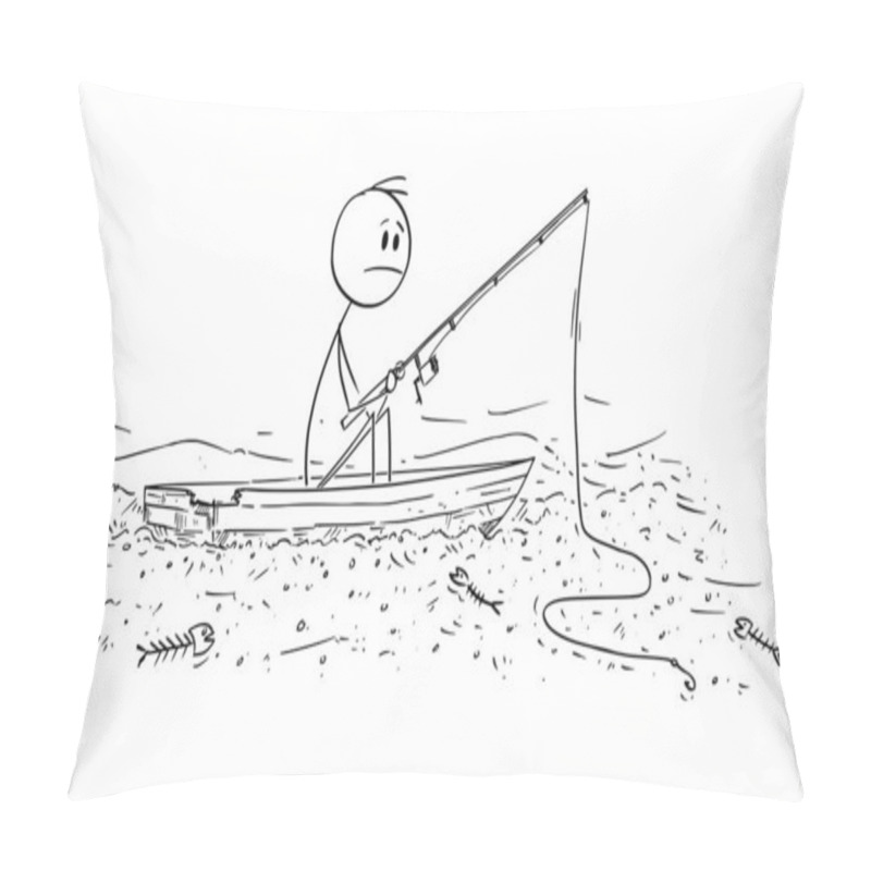 Personality  Vector Cartoon Illustration Of Man Fishing Fish On Small Boat On Dry River Or Sea Changed In Desert.Business Or Ecology Concept. Pillow Covers