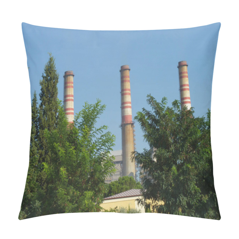 Personality  Weathered Smokestacks Towering Over An Industrial Complex: A Quiet Intersection Of Industry And Nature Under A Clear Blue Sky, Framed By Greenery And A Chain-Link Fence In A Mediterranean Setting Pillow Covers