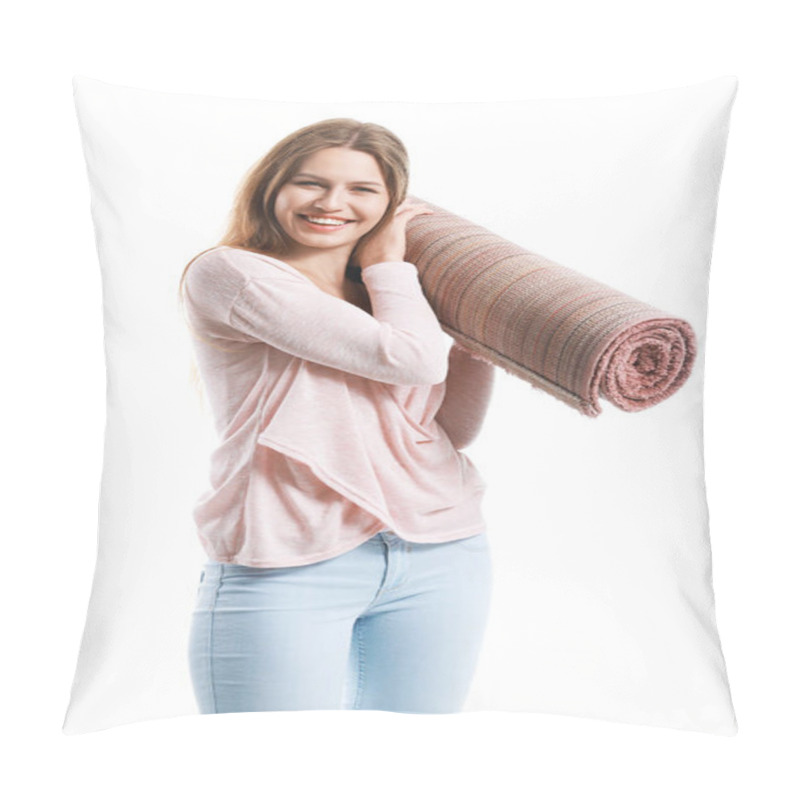 Personality  Young Woman Holding Rolled Carpet Against White Background Pillow Covers