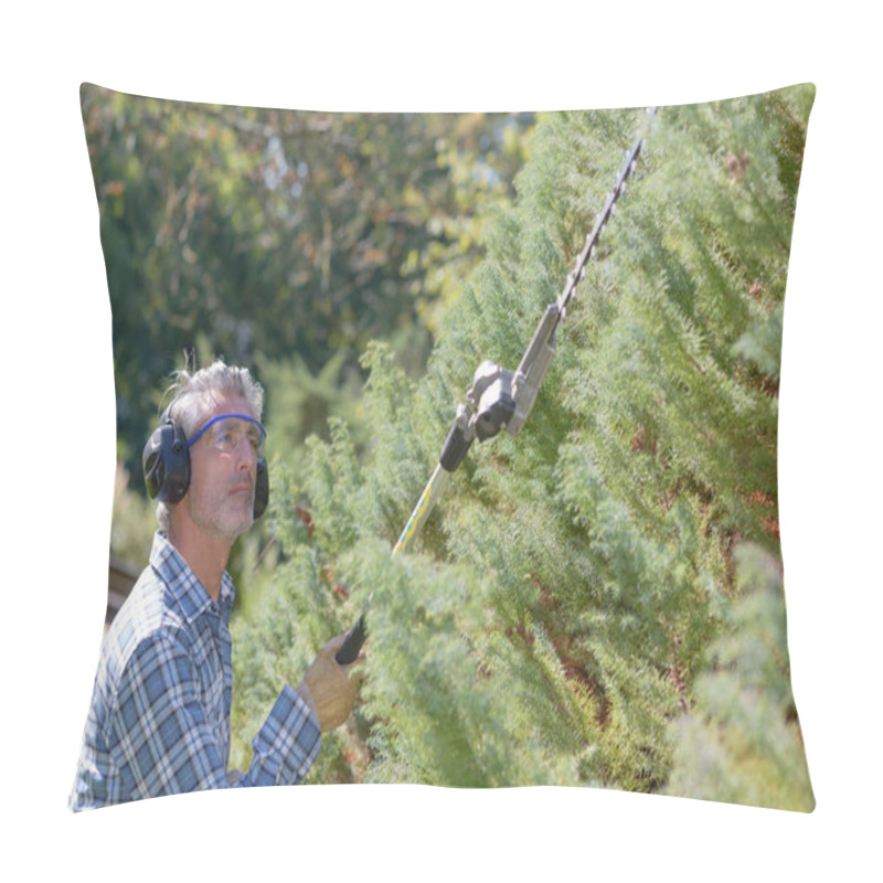 Personality  Man Using Extendable Hedgecutter Pillow Covers