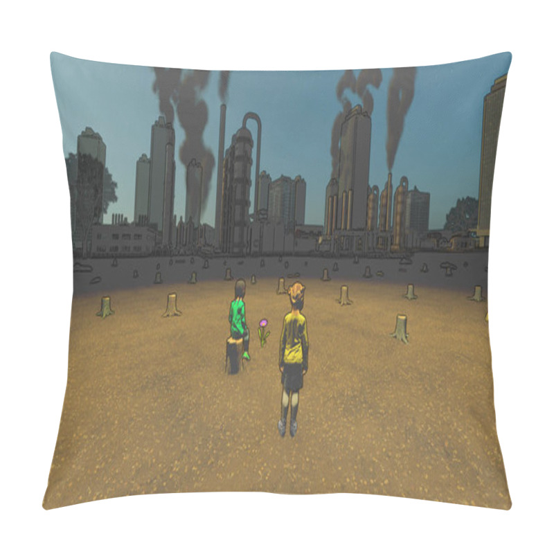 Personality  Polluted City And Girls Looking At The View With Hope, Environmental Issues, Cartoon Style Pillow Covers