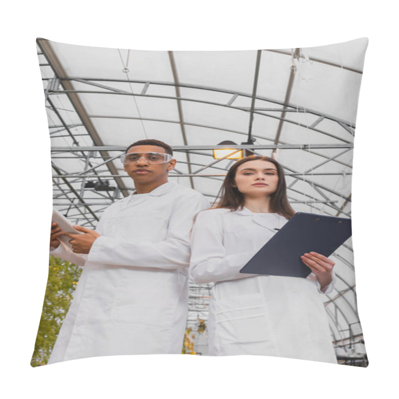 Personality  Low Angle View Of Multiethnic Botanists Holding Digital Tablet And Clipboard In Greenhouse  Pillow Covers