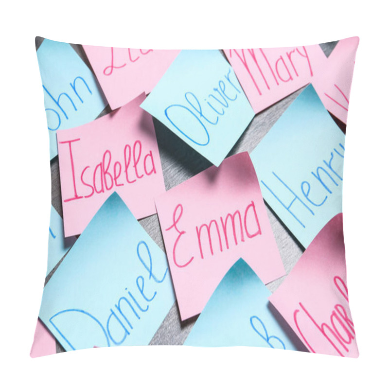 Personality  Paper Notes With Different Baby Names On Grey Background Pillow Covers