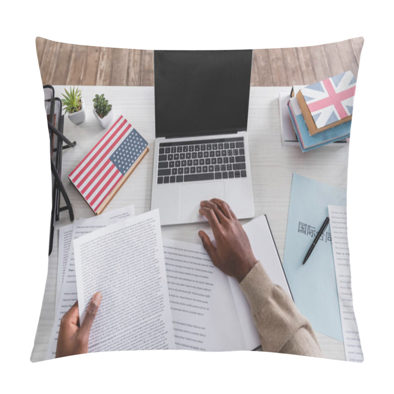 Personality  Partial View Of African American Translator Working With Documents Near Laptop And Dictionaries With Usa And Great Britain Flags On Covers Pillow Covers