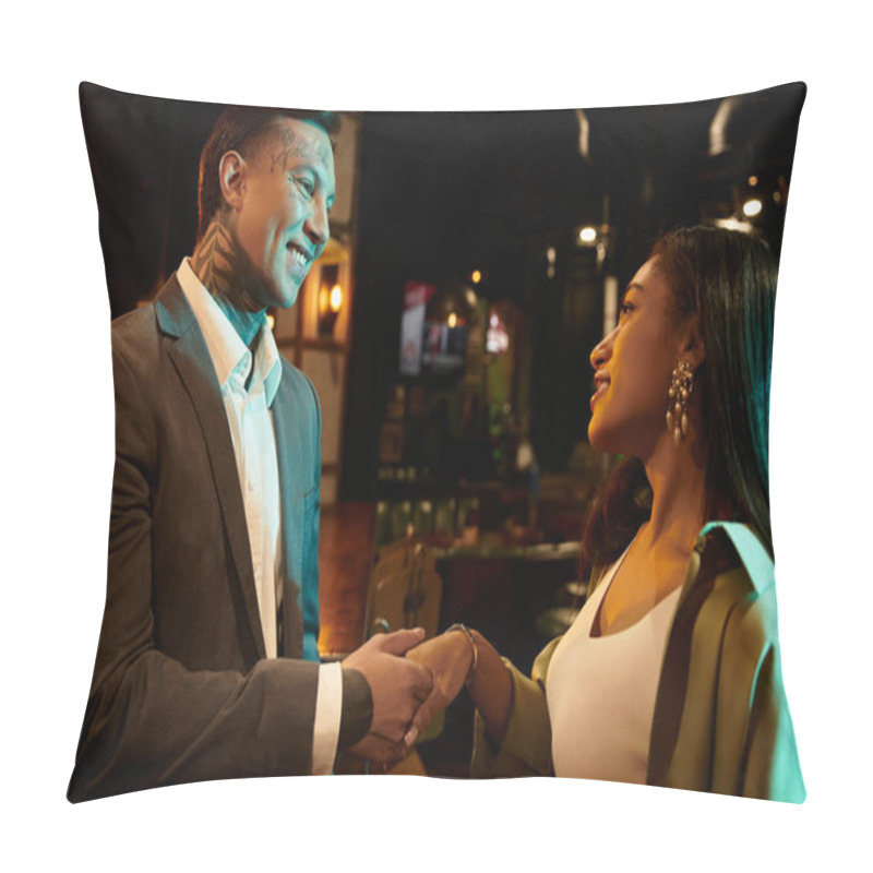 Personality  Tattooed Man Smiles While Holding Hands With A Beautiful Woman During Their Night Out. Pillow Covers