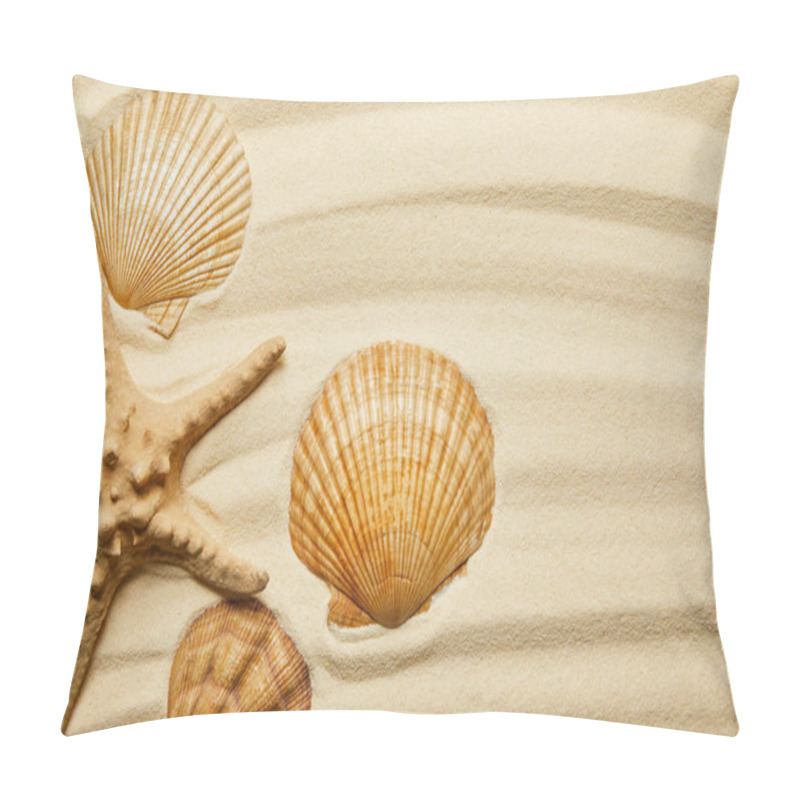 Personality  Orange Seashells Near Starfish On Sandy Beach In Summertime  Pillow Covers